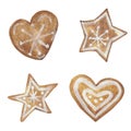 Watercolor hand painted winter holiday bakery set with brown gingerbread biscuit hearts and stars cookies collection Royalty Free Stock Photo
