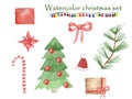 Watercolor hand painted winter holiday celebration christmas set with multicolor garland green christmas tree, fir branch, red bal