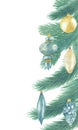 Watercolor hand painted winter holiday composition with green christmas tree fir branches and blue, yellow toys and balls decorati