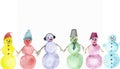 Watercolor hand painted winter holiday fun set with six multicolored white, green, red, pink, yellow and blue snowmen Royalty Free Stock Photo