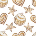 Watercolor hand painted winter holiday homemade cakes seamless pattern with gingerbread cookies star, heart and ball figures with