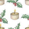 Watercolor hand painted winter holiday seamless pattern with beige fire candle and holly red berries and green leaves on branches Royalty Free Stock Photo