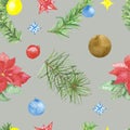 Watercolor hand painted winter holiday seamless pattern with green christmas tree fir branches Royalty Free Stock Photo