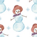 Watercolor hand painted winter holiday seamless pattern with snowman in a red hat and scarf with blue snowflakes Royalty Free Stock Photo