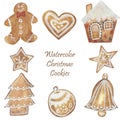 Watercolor hand painted winter holiday sweet food set with yellow ginger cookies: gingerbread man, house, star, heart, christmas t Royalty Free Stock Photo