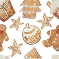 Watercolor hand painted winter holiday sweet seamless pattern with orange gingerbread man, house, christmas tree, ball and star co Royalty Free Stock Photo