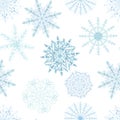 Watercolor hand painted winter nature frozen diagonal seamless pattern with blue different snowflakes isolated Royalty Free Stock Photo