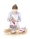 Watercolor hand painted woman confectioner.