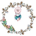 Watercolor hand painted wreath of cotton branches with dream catcher and feathers.