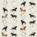 Watercolor hand painting horses pattern. Set of silhouette horses in motion rearing horse, running horse illustration.