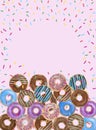 Watercolor hand painting illustration of colorful donuts, a pile of doughnut with colorful sugar chocolate candy topping on pink