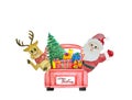 Watercolor hand painting illustration of Santa claus, deer on red retro pick up truck carrying presents gift boxes, lollypop,