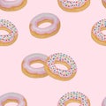 Watercolor hand painting illustration of seamless donuts fired, the round doughnut with strawberry cream melting, colorful sugar