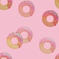 Watercolor hand painting illustration of seamless donuts fired, the round doughnut with strawberry cream melting, colorful sugar