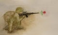 Watercolor hand painting of a soldier wear camouflage shirt and helmet, holding the black gun shooting with red rose flower on the
