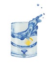 Watercolor hand painting of water glass with piece lemon isolated on white background.