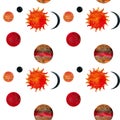 Watercolor handdrawn seamless pattern with sun and planets on white background.