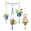 Watercolor handdrawn set of macrame plant hangers in hygge style.