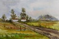 Watercolor handmade painting landscape with hill, small building,trees, meadow and path