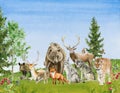 Watercolor handpainted poster with animals