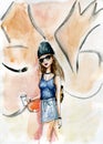Watercolor handpainted street style teen girl on a wall backgorund Royalty Free Stock Photo