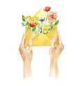 Watercolor hands with envelope flowers. Wild flowers spring art.