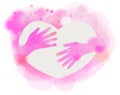 Watercolor hands hugging heart. Digital art painting