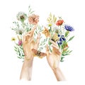 Watercolor hands with wild flowers. Wildflowers spring holiday art. Floral bouquets. Female logo