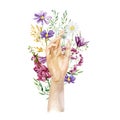 Watercolor hands with wild flowers. Wildflowers spring holiday art. Floral bouquets purple and white bloom.