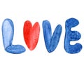 watercolor handwritten inscription blue love with a red heart