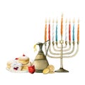 Watercolor Hanukkah banner template illustration with menorah with candles, dreidel, traditional sufganiyot