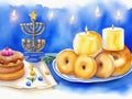 Watercolor Hanukkah card. Menorah , pitta bread, jug and dreidels.