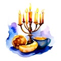 Watercolor Hanukkah card. Menorah , pitta bread, jug and dreidels.