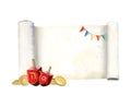 Watercolor Hanukkah greeting card template with Torah scroll, dreidels, flags and coins illustration