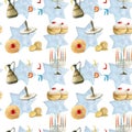 Watercolor Hanukkah seamless pattern with traditional symbols and bakery. Jewish hanuka sufganiyot, dreidel, menorah