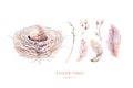 Watercolor happt easter nest with bird eggs with branch and feather isolated on white. Spring hand drawn illustration. Boho egg
