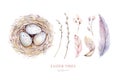 Watercolor happt easter nest with bird eggs with branch and feather isolated on white. Spring hand drawn illustration