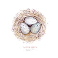 Watercolor happt easter nest with bird eggs with branch and feather isolated on white. Spring hand drawn illustration