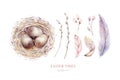 Watercolor happt easter nest with bird eggs with branch and feather isolated on white. Spring hand drawn illustration Royalty Free Stock Photo