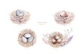 Watercolor happt easter nest with bird eggs with branch and feather isolated on white. Spring hand drawn illustration. Boho egg