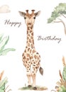 Watercolor happy birthday card with cute animal giraffe, illustration, savanna