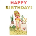 Watercolor HAPPY BIRTHDAY card with green hair girl and plats on white isolated background.