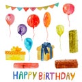 Watercolor happy birthday objects on a transparent background.