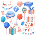 Watercolor happy birthday party set. Celebration objects