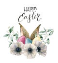 Watercolor Happy easter anemone and rabbit ears card. Holiday illustration with eggs and seeded eucalyptus leaves