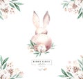 Watercolor Happy Easter baby bunnies design with spring blossom flower. Rabbit bunny kids illustration isolated. Hand Royalty Free Stock Photo