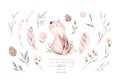 Watercolor Happy Easter baby bunnies design with spring blossom flower. Rabbit bunny kids illustration isolated. Hand Royalty Free Stock Photo