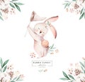 Watercolor Happy Easter baby bunnies design with spring blossom flower. Rabbit bunny kids illustration isolated. Hand Royalty Free Stock Photo