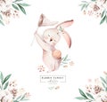 Watercolor Happy Easter baby bunnies design with spring blossom flower. Rabbit bunny kids illustration isolated. Hand