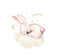 Watercolor Happy Easter baby bunnies design with spring blossom flower. Rabbit bunny kids illustration isolated. Hand Royalty Free Stock Photo